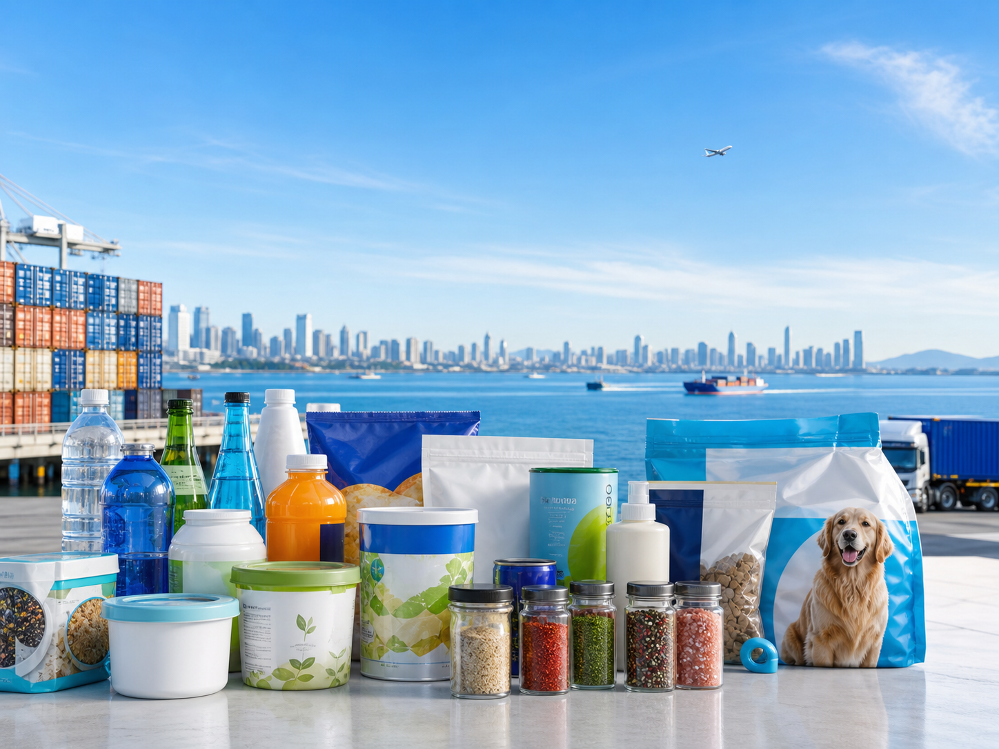 CPG, pet, beverage, spice, and food products with shipping, skyline, water, and blue sky