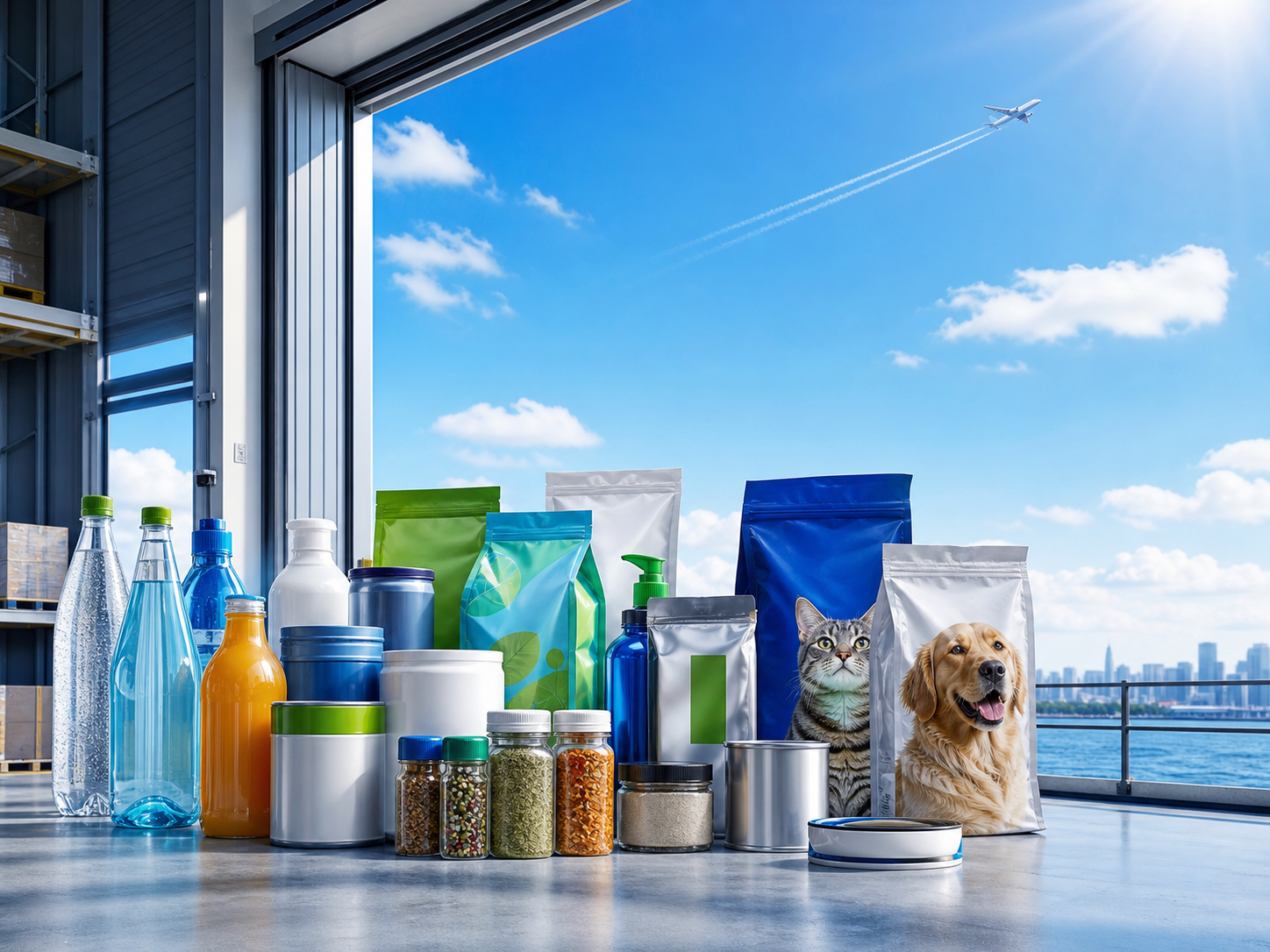 CPG products in a bright warehouse opening toward blue sky with a plane climbing