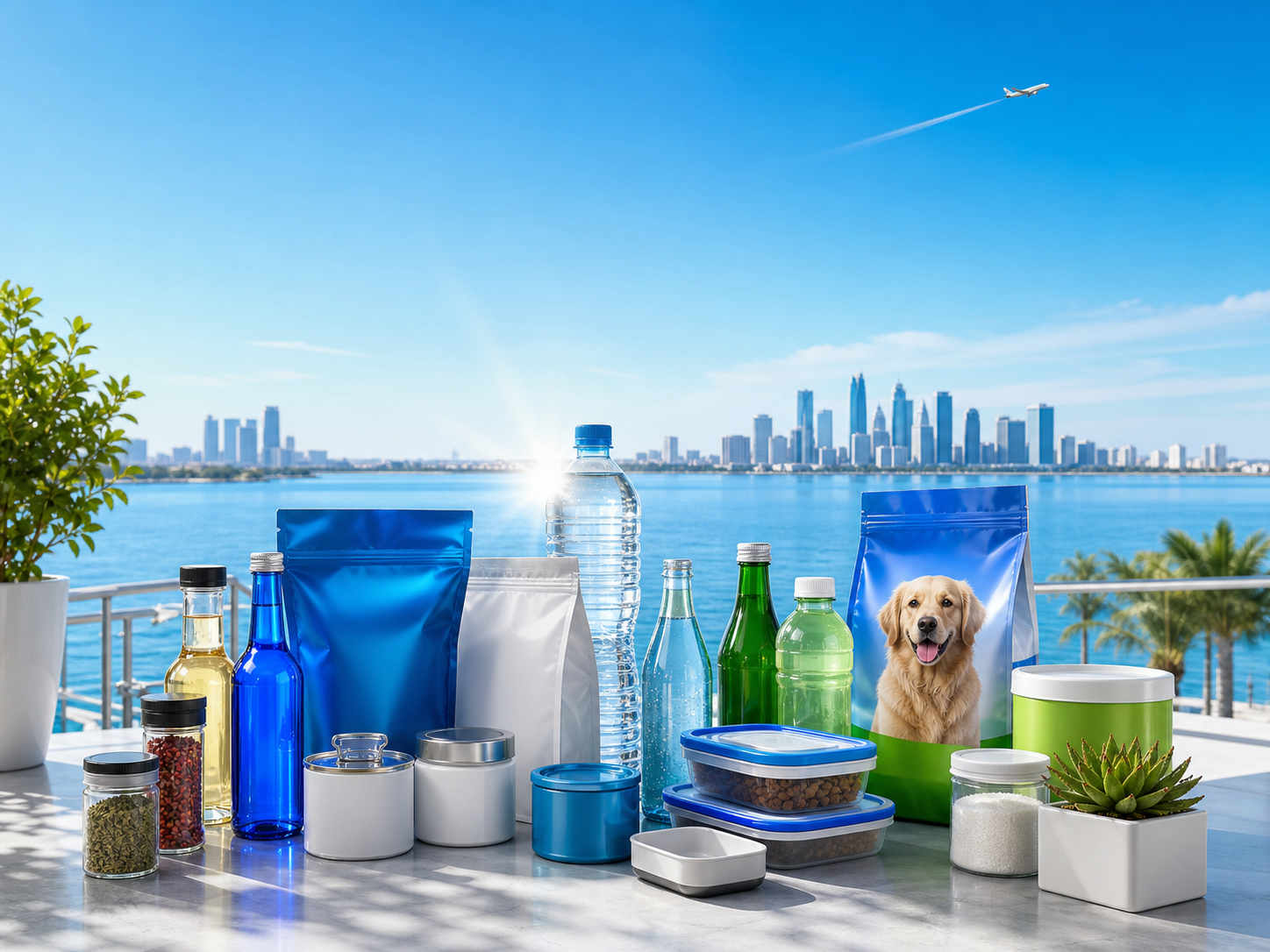 CPG, pet, beverage, spice, and food products beside blue water with a distant plane and skyline