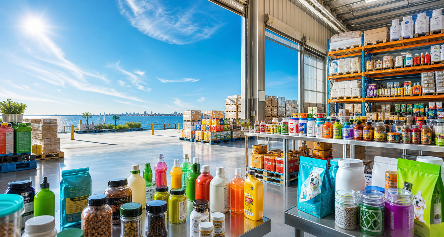 Bright warehouse full of CPG, pet, beverage, spice, and food products open to blue sky, sun, and water