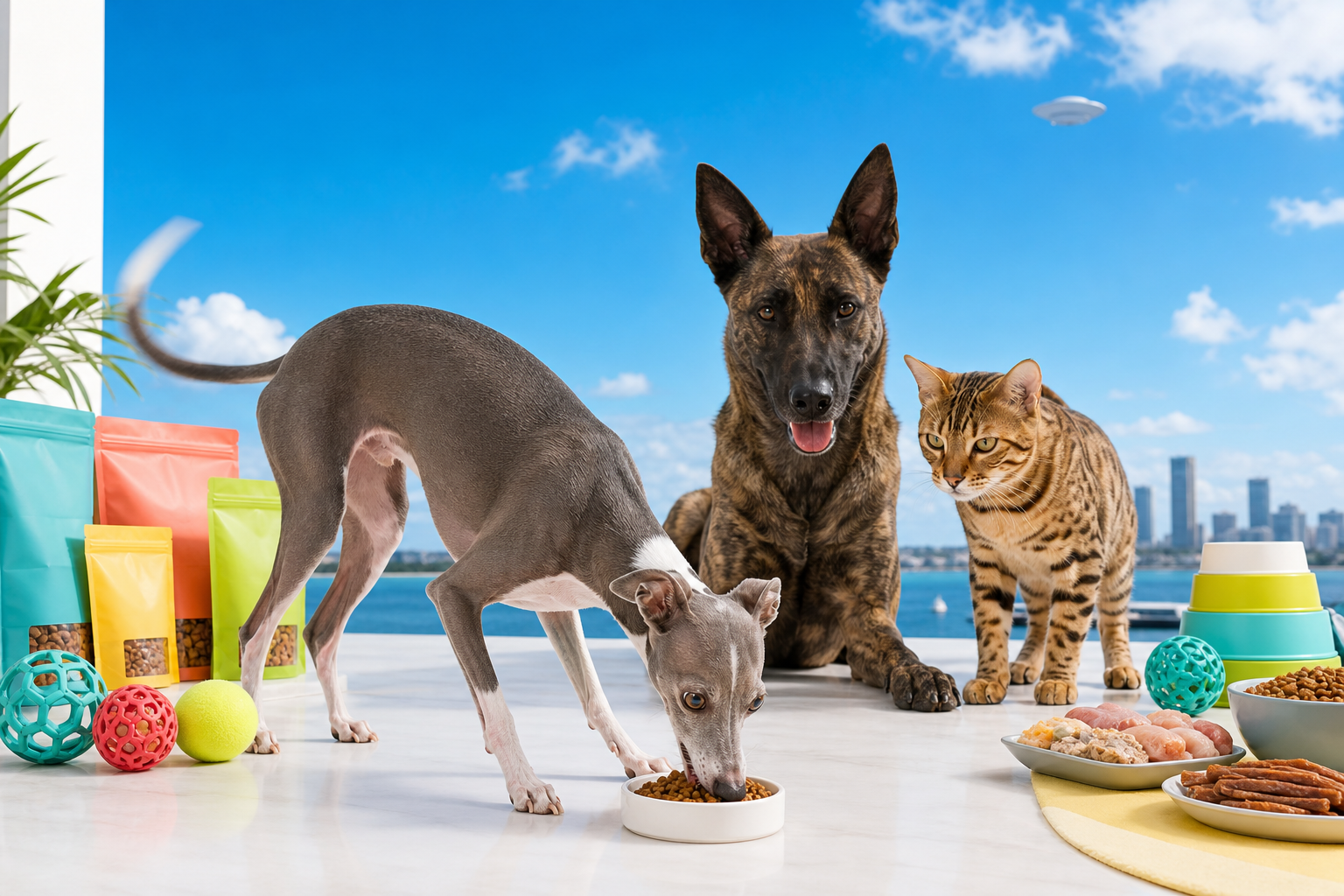Grey-and-white Italian Greyhound with narrow head, deep chest, tucked waist, thin legs, and wagging tail eating pet food beside a Dutch Shepherd Malinois mix and bobcat-looking Bengal cat