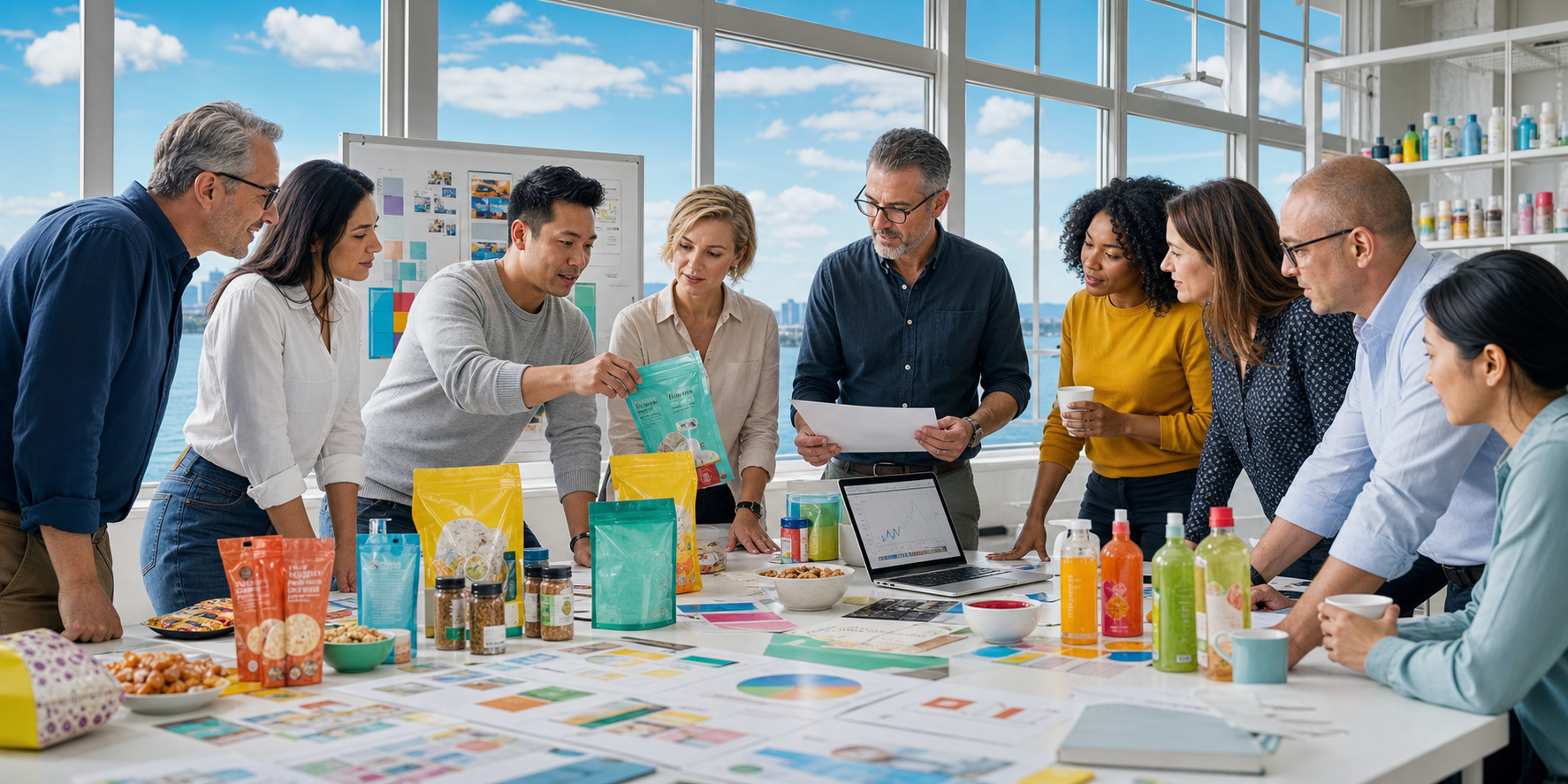 Diverse adult product development and commercial partners reviewing CPG packaging, product samples, sourcing notes, and market plans in a bright blue-sky studio