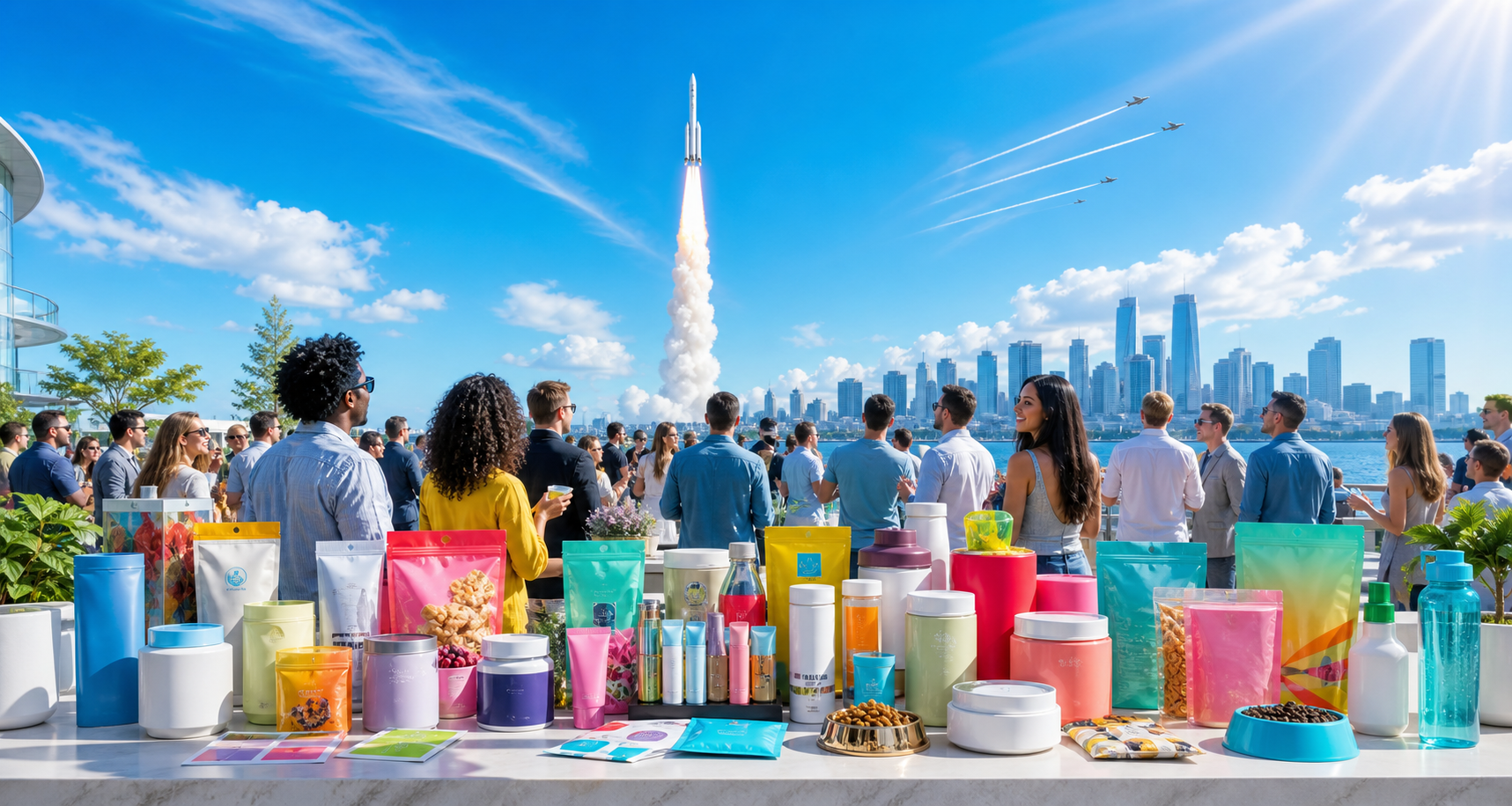 Colorful premium CPG products in front of a crowd, water, blue sky, jets, and a rocket launch